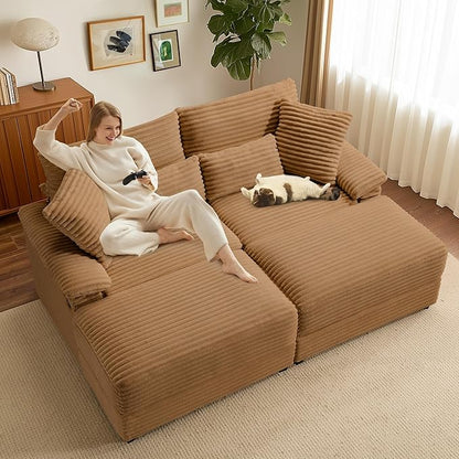SUNWAVE 74" Double Chaise Lounge Chair Indoor, Oversized Loveseat with Removeable Ottoman, Corduroy Couch with USB Charging, Storage Ottoman, and Coffee Table Cushions for Living Room