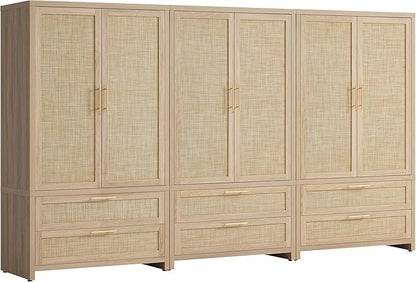 SICOTAS Armoire Wardrobe Closet, Larger Rattan Armoires Wardrobe Cabinet with 2 Large Drawers & Hanging Rod, Tall Closet Storage Cabinet for Cloak Room, Bedroom, Light Oak (3 PCS)