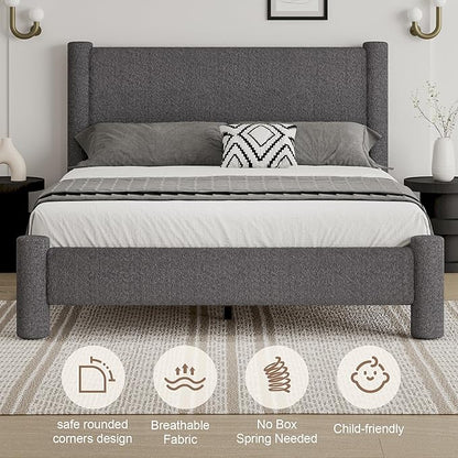 Queen Size Bed Frame, Boucle Upholstered Platform Bed Frame with Headboard and Footboard, Soft Bed Frame with Rounded Corners, No Box Spring Required, Easy Assembly, Dark Grey