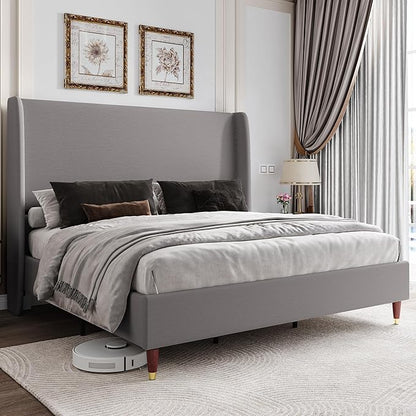 Jocisland Full Upholstered Platform Bed Frame with 51.2" Tall Wingback Headboard–Solid Wood Legs, No Box Spring Needed, Light Grey Linen–Modern Style for Any Bedroom