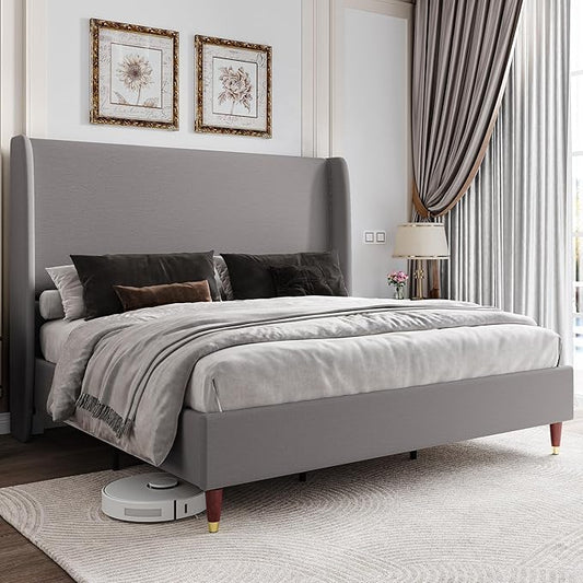 Jocisland Full Upholstered Platform Bed Frame with 51.2" Tall Wingback Headboard–Solid Wood Legs, No Box Spring Needed, Light Grey Linen–Modern Style for Any Bedroom