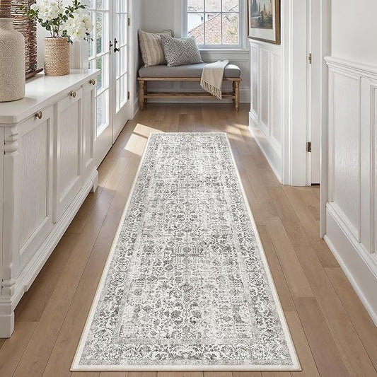 Black Runner Rug 2x8 Hallway Machine Washable Kitchen Vintage Distressed Non Slip Long Carpet Indoor Retro Floral Bedroom Accent Throw Rug for Bathroom Office Laundry Dining Room