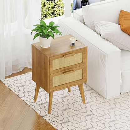 YAUKOMEL Rattan Nightstand,End Table, Side Table with 2 Hand Made Rattan Decorated Drawers,Boho Bedside Table,Wood Accent Table with Storage for Livingroom, Bedroom, Toffee Wood CTG59T