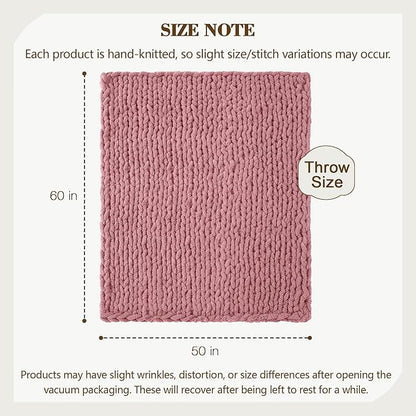 Carriediosa Chunky Knit Throw Blanket 50" X 60", 100% Hand Made Large Chenille Loop Yarn Soft Fluffy Throws for Couch Sofa Bed, Big Crochet Cozy Heavy Thick Cable Woven Blanket, Mauve