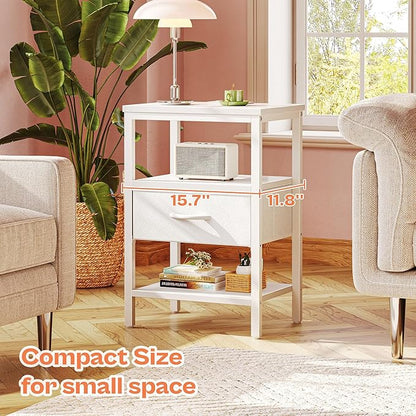 SUPERJARE Nightstand Set of 2, Bed Side Tables with Charging Station, Adjustable Fabric Drawer, Night Stand for Bedroom, 3-Tier Storage End Tables, White, 8694WC