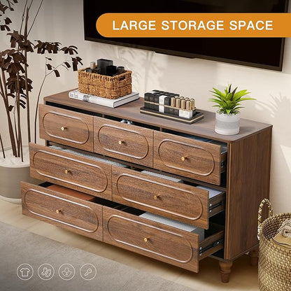 ORRD Fluted 7 Drawer Dresser for Bedroom, Modern Mid Century Chest of Drawers, Wood Storage Large Dresser Organizer for Bedroom Living Room Closet Hallway, Walnut