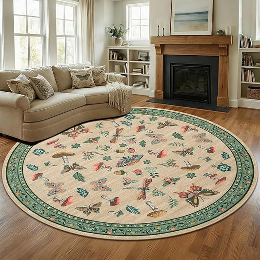 Mushroom Insect 7ft Round Rug Washable Non-Slip Soft Ultra-Thin Large Boho Circle Carpet for Entryway Kitchen Bedroom Nursery Dining Room Khaki Green