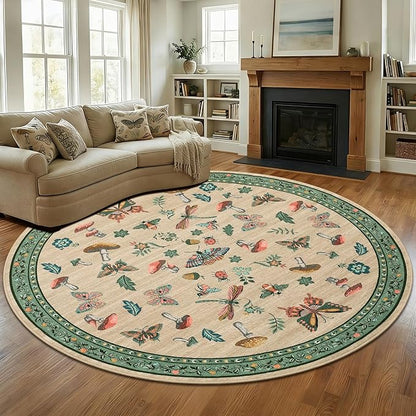 Mushroom Insect 8ft Round Rug Washable Non-Slip Soft Ultra-Thin Large Boho Circle Carpet for Entryway Kitchen Bedroom Nursery Dining Room Khaki Green