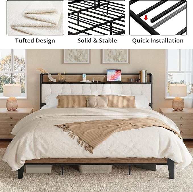 LIKIMIO King Bed Frames, Storage Headboard with Charging Station, Solid and Stable, Noise Free, No Box Spring Needed, Easy Assembly, Wood and Cream