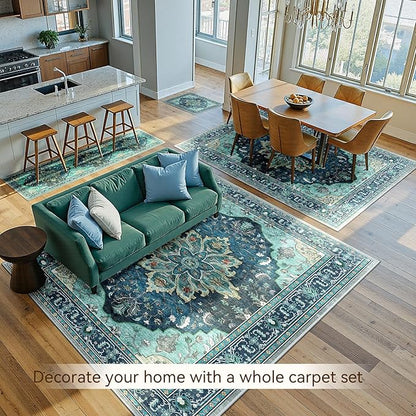 Area Rugs 10'x12' Washable Non-Slip, Floral Vintage Distress Print Pattern Medallion Carpet for Living Room Bedroom Dining Room, Teal Green Lake Blue Turquoise