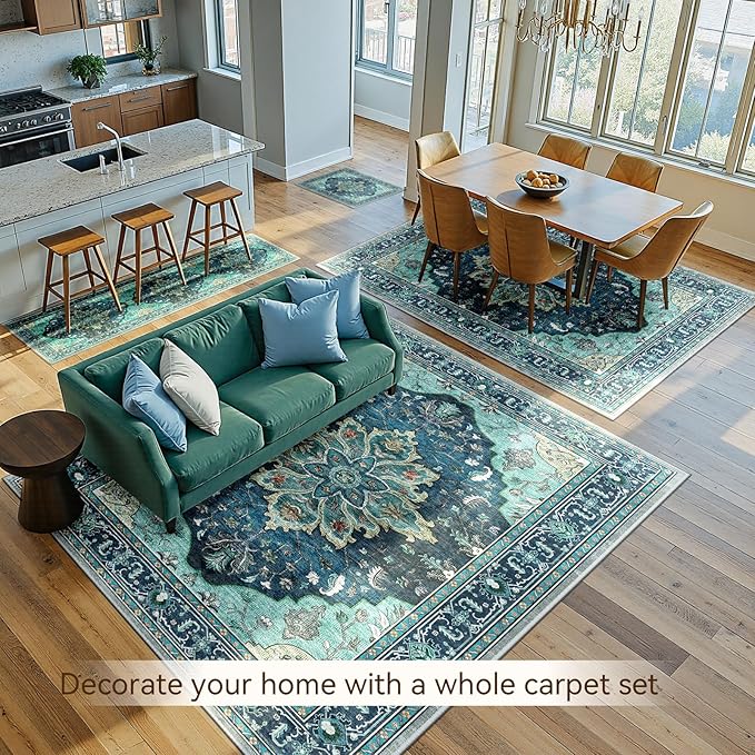 Area Rugs 10'x14' Washable Non-Slip, Floral Vintage Distress Print Pattern Medallion Carpet for Living Room Bedroom Dining Room, Teal Green Lake Blue Turquoise