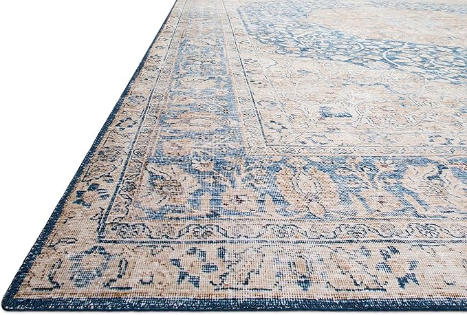 Loloi Layla Collection LAY-07 Blue/Tangerine 2'-3" x 3'-9" .13" Thick Accent Rug, Soft, Durable, Vintage Inspired, Distressed, Low Pile, Non-Shedding, Easy Clean, Printed, Living Room Rug