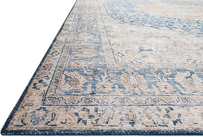 Loloi Layla Collection LAY-07 Blue/Tangerine 2'-3" x 3'-9" .13" Thick Accent Rug, Soft, Durable, Vintage Inspired, Distressed, Low Pile, Non-Shedding, Easy Clean, Printed, Living Room Rug