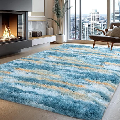 8x10 Rugs for Living Room, Soft Fluffy Blue Fuzzy Shag Large Area Rugs for Bedroom Boys Girls Kids Room Nursery Dorm Home Decor, Non-Slip Plush Shaggy Indoor Carpet