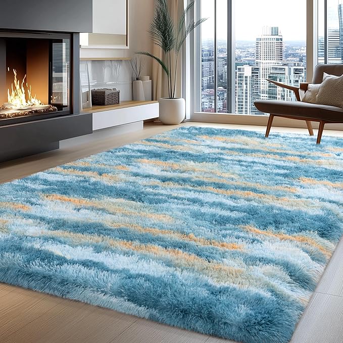 Fluffy Rugs for Living Room Bedroom, 5x7 Feet Abstract Blue Shag Area Rugs, Non-Slip Indoor Modern Fuzzy Plush Floor Carpet for Dorm Nursery Kids Room Decor, Soft Shaggy Throw Rug
