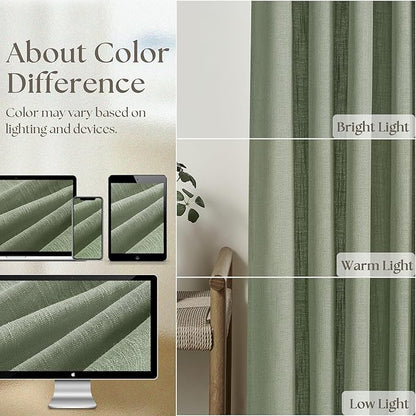 Sage Green Pinch Pleated Linen Curtains 80 Inches Long for Living Room Bedroom Light Filtering Boho Window Drape 80 inch 2 Panels with Hooks Rings Sliding Glass Door Semi Sheer Curtain Light Green