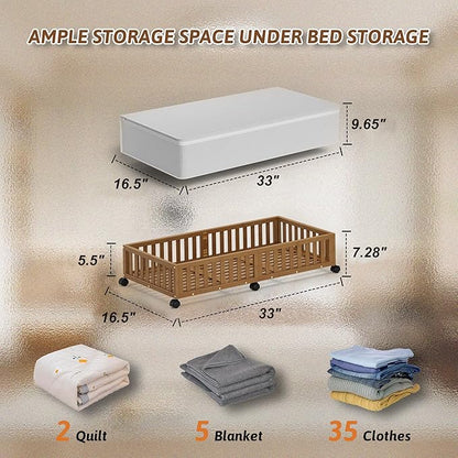 Bamboo Under Bed Storage Containers with Wheels, 2 Pack Large Under the Bed Shoe Storage Bins, Wood Rolling Underbed Drawers Organizer for Bedroom Closet Clothes Blanket Under Crib Toy Walunt