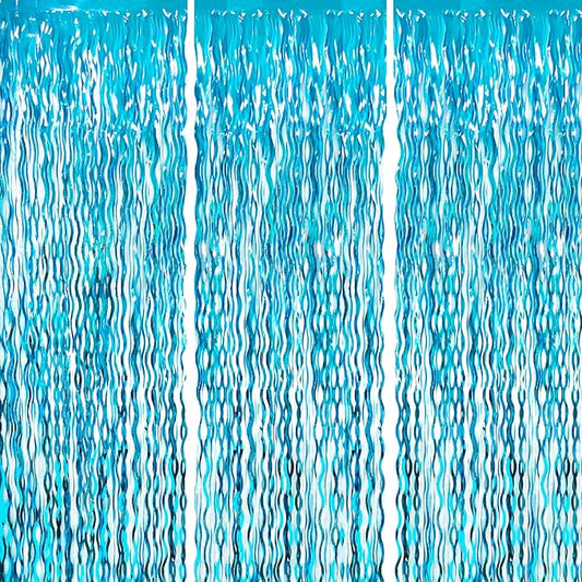 Goer Metallic Tinsel Foil Fringe Curtains for Party Photo Backdrop Wedding Decor (3 Pcs,Wavy Light Blue)