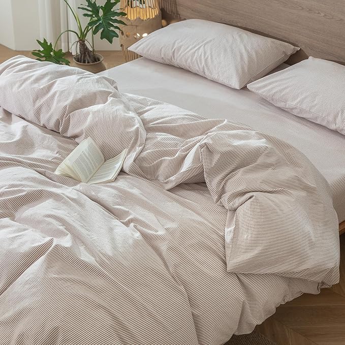 MooMee Striped Duvet Cover Set 100% Washed Cotton Linen Like Textured Breathable Durable Soft Comfy (Orange Pinstripes, Super Queen 90"x98")