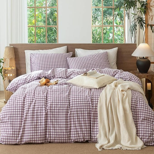 MooMee Gingham Duvet Cover Set 100% Washed Cotton Linen Like Textured Breathable Durable Soft Comfy Modern Checkered Design (Classic Gingham Light Purple, Palatial King/Oversized King 120"x98")