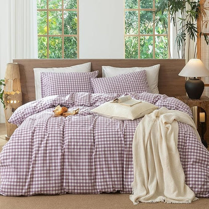 MooMee Gingham Duvet Cover Set 100% Washed Cotton Linen Like Textured Breathable Durable Soft Comfy Modern Checkered Design (Classic Gingham Light Purple, Queen 90"x90")