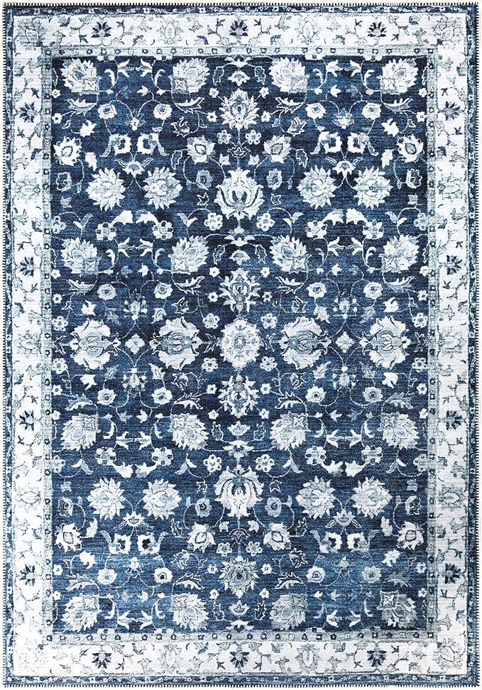Bloom Rugs Washable Non-Slip 2' x 3' Rug - Dark Blue Traditional Bordered Area Rug for Living Room, Bedroom, Dining Room, and Kitchen - Exact Size: 2' x 3'