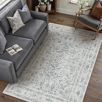 Blue 5x7 Area Rug Vintage Washable Living Room Carpet Non Slip Bedroom Indoor Office Low Pile Traditional Distressed Retro Accent Rug for Dining Room Bathroom Kitchen