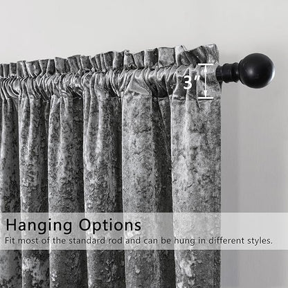 SMILETIME Grey Crushed Velvet Curtains 52x84inch Rod Pocket Luxurious Thermal Insulated Soundproof Drapes Soft and Durable Light-Filtering Window Treatments for Living Room Bedroom, 2 Panels