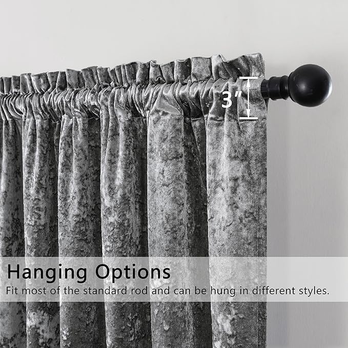SMILETIME Grey Crushed Velvet Curtains 52x96inch Rod Pocket Luxurious Thermal Insulated Soundproof Drapes Soft and Durable Light-Filtering Window Treatments for Living Room Bedroom, 2 Panels