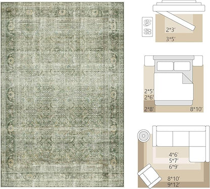 FMFUNCTEX 5x7 Washable Area Rug Green Neutral Vintage Distressed Non Slip Low Pile Traditional Indoor Carpet for Living Room Bedroom Soft Retro Mat Throw Rug for Dining Office Kitchen Dorm Entryway