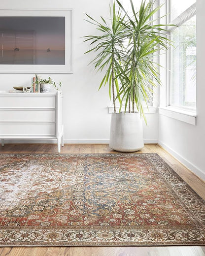 Loloi Layla Collection LAY-05 Ocean/Multi 2'-6" x 12'-0" .13" Thick Runner Rug, Soft, Durable, Vintage Inspired, Distressed, Low Pile, Non-Shedding, Easy Clean, Printed, Living Room Rug