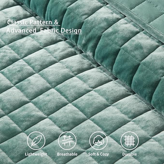 LEAONME Velvet Quilt Oversized California King-120''x120'', Lightweight Aqua Green Velvet Comforter Set with 2 Pillow Shams, Oversized Bedspread Coverlet Quilted Bedding Set for All Season