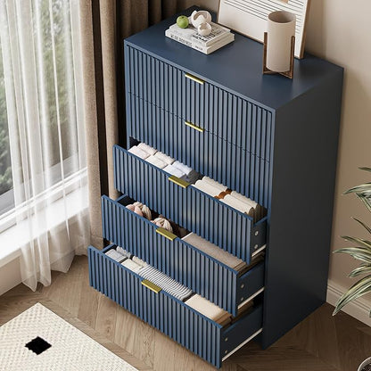5 Drawer Dresser for Bedroom, Tall Dresser Chest of Drawers with Gold Handles, 32 Inch Wide Nightstand with for Bedroom, Living Rooms, Offices, and Entryways, Navy Blue