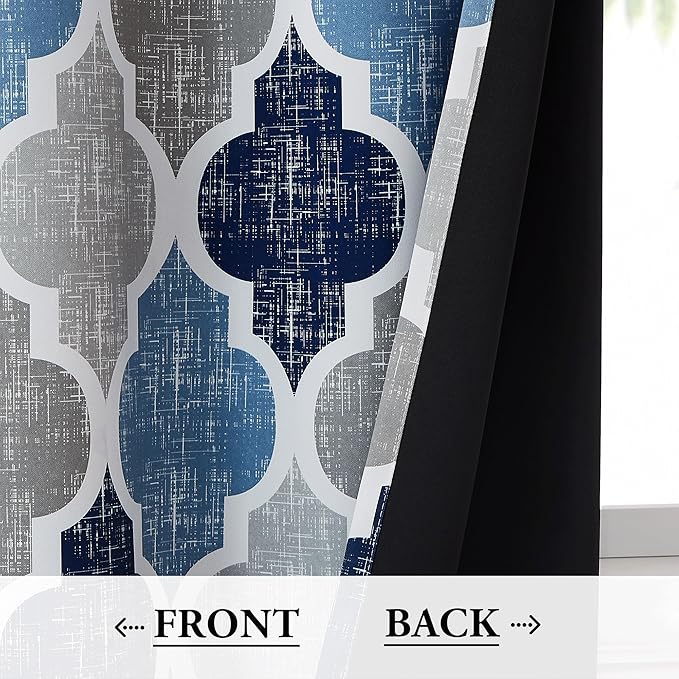 Beauoop 100% Blackout Curtains 54 Inches Long 2 Panels for Bedroom Living Room Blue Grey Moroccan Geo Room Darkening Thermal Insulated Soundproof Grommet Top Window Treatments Drapes, 50x54 Set of 2