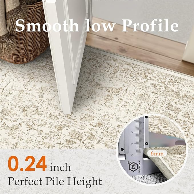 Light Brown Area Rug 5x8 Machine Washable Vintage Living Room Distressed Non Slip Carpet Traditional Indoor Bedroom Retro Floral Accent Throw Large Rug Office Kitchen Bathroom Dining Room