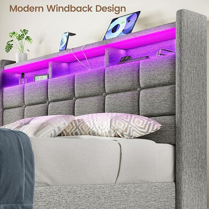 Lift Up Queen Bed Frame with Storage, Upholstered Bed Frame Queen Size with LED Lights Headboard and Charging Station, No Box Spring Needed, Easy Assembly - Light Grey