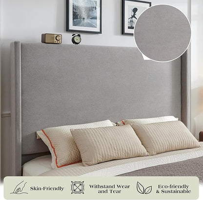 Queen Bed Frame with 63" Tall Headboard, Horizontal Fine Corduroy Bed Frame with Wingback, Upholstered Platform Bed, Vintage Solid Wood Gourd Legs, No Box Spring Needed, Gray
