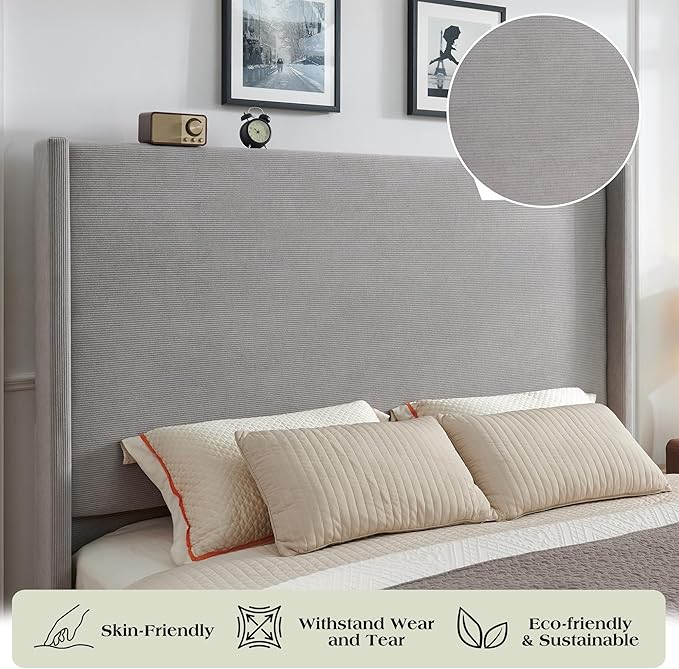 King Bed Frame with 65" Tall Headboard, Horizontal Fine Corduroy Bed Frame with Wingback, Upholstered Platform Bed, Vintage Solid Wood Gourd Legs, No Box Spring Needed, Gray