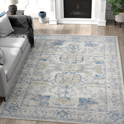 jinchan 5x7 Area Rugs Machine Washable Vintage Floral Throw Rug for Living Room Soft Ultra-Thin Low Pile Non-Slip Carpet for Kitchen, Bedroom, Dining Room, Nursery (5x7ft, Blue)