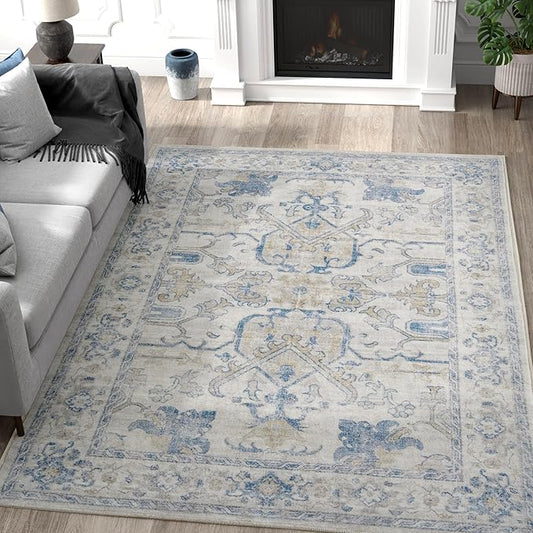 jinchan 4x6 Machine Washable Area Rugs Ultra-Thin Soft Throw Rug Low Pile Non-Slip Stain Resistant Distressed Vintage Floral Carpet for Bedroom, Living Room, Dining Room, Kitchen, Nursery(4x6ft, Blue)