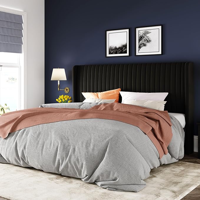 Allewie King Size Velvet Bed Frame/Vertical Channel Tufted Wingback Headboard/Upholstered Platform Bed/Strong Wooden Slats/No Box Spring Needed/Easy Assembly/Black