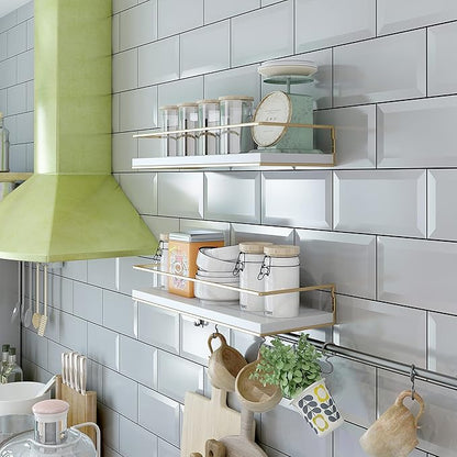 Shario White Floating Shelves - Set of 2, Wall Mounted Hanging Shelves with Golden Towel Rack, Decorative Storage Shelves for Bathroom, Kitchen, Living Room & Bedroom (White Gold, 15.7 Inches) | Hanging Shelves, for Bathroom, Kitchen, Living Room, Bedroom