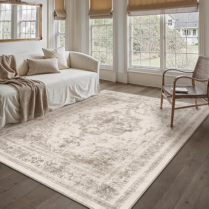 Area Rug 5x7 Beige Washable Living Room Carpet Non Slip Vintage Medallion Low Pile Soft Indoor Bedroom Retro Distressed Indoor Rug for Kitchen Home Office Laundry Dining Room