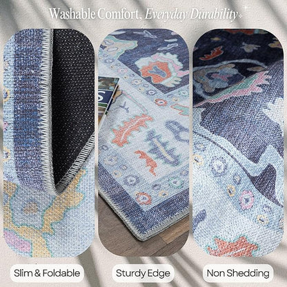 Fame Rugs Navy Blue Modern Oushak Rug 2x3, Vintage Doormat Turkish Colorful Oriental Antique Inspired Washable Small Area Rug, Luxury Living Room Bedroom (388NB, 2' x 3')