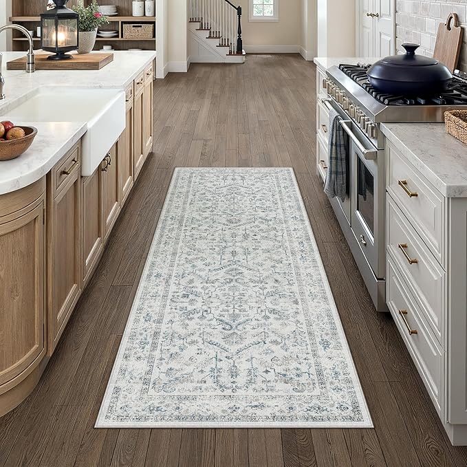 Blue 2x6 Runner Rug Vintage Area Carpet Hallway Indoor Kitchen Washable Low Pile Traditional Distressed Retro Accent Throw Rug Non Slip for Laundry Bathroom Office