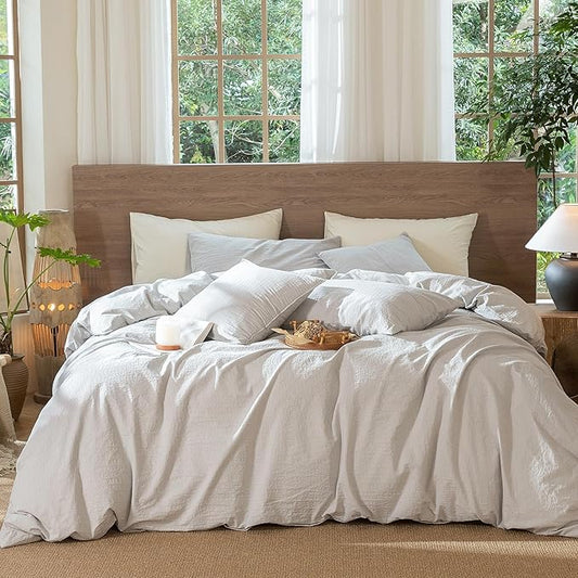 MooMee Wavy Striped Duvet Cover Set 100% Washed Cotton Linen Like Textured Breathable Durable Soft Comfy (Light Grey, Oversized Queen 98"x98")