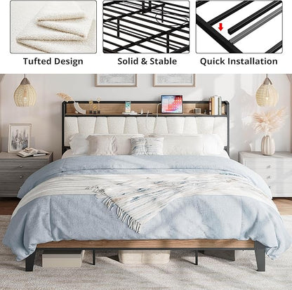 LIKIMIO California King Bed Frames, Storage Headboard with Charging Station, Solid and Stable, Noise Free, No Box Spring Needed, Easy Assembly, Wood and Cream