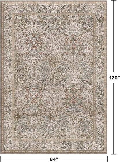 Vintage Moss Green Living Room Rug, 7x10 Washable Large Area Rugs for Bedroom, Dining Room Rugs Under Kitchen Table, Oriental Taupe Low Pile Stain Resistant Non-Slip