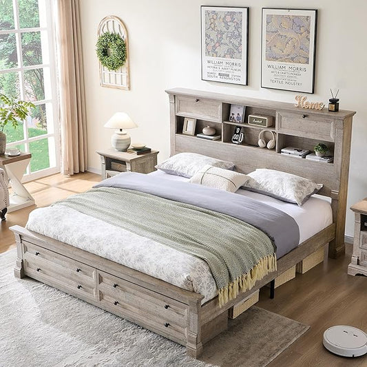 T4TREAM Farmhouse Queen Size Bed Frame with 54" Tall Storage Bookcase Headboard, Wood Platform Bed Frame with 18" Roman Column Decoration Footboard & 2 Drawers, No Box Spring Needed(Light Rustic Oak)