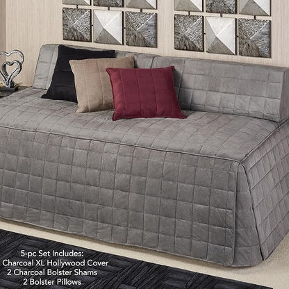 Camden Luxury Bedding | Charcoal Gray Color | Fitted Hollywood Daybed Bedding | Faux Suede Box Quilted Design | 5 Piece Set Includes Extra Long Hollywood Cover, 2 Bolster Shams, & 2 Bolster Pillows